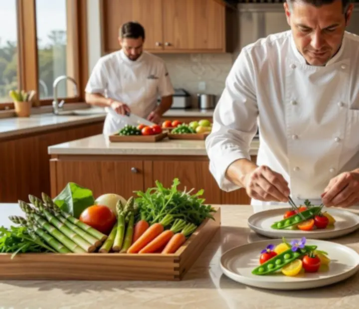 Chef plating a refined seasonal tasting menu in a contemporary Australian kitchen