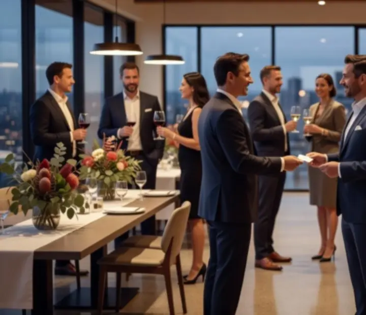 Corporate guests networking in a contemporary restaurant space set for a private event