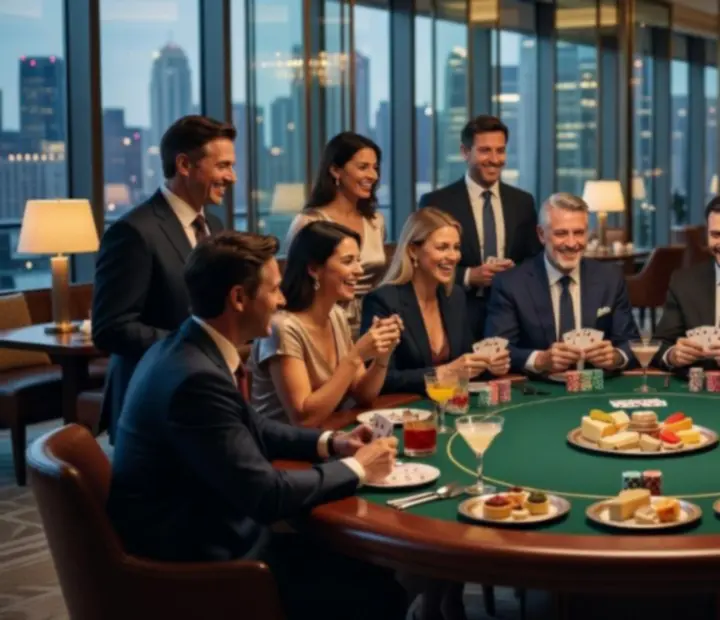 Guests enjoying an elegant poker evening at cashless tables beside a fine dining setting
