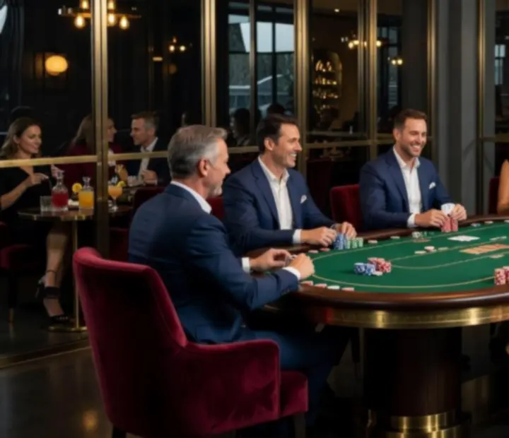 Elegant poker lounge with guests enjoying recreational poker and cocktails