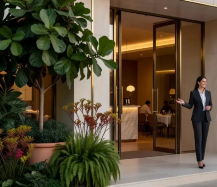 Elegant entrance to a contemporary Australian restaurant with warm lighting and lush greenery