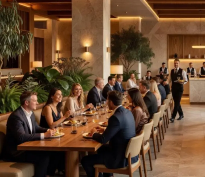 Luxurious restaurant interior with travertine stone, timber finishes and ambient lighting during an event
