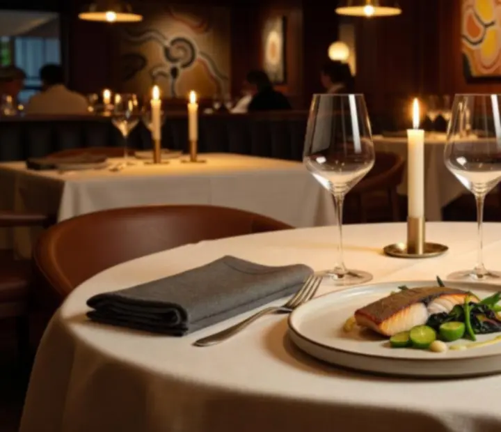 Contemporary fine dining table setting with Australian cuisine, soft lighting and elegant tableware