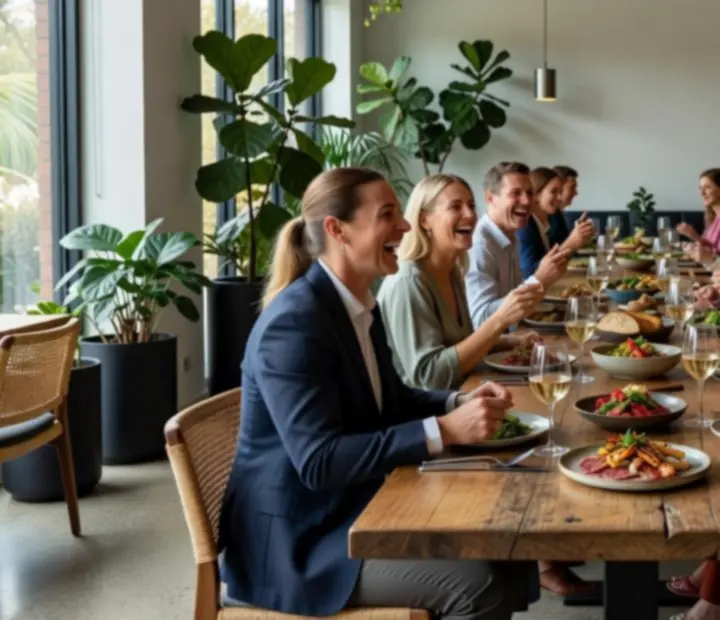 Guests sharing a joyful dining moment in a warm, elegant restaurant setting