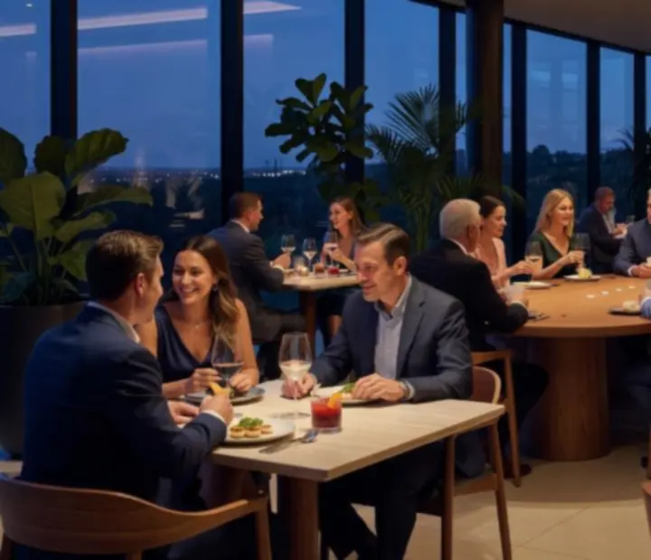 Cinematic Australian restaurant setting with gourmet dishes and elegant poker tables