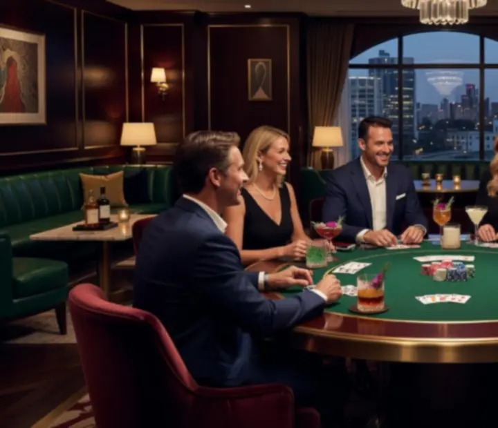 Luxury poker lounge with elegant tables, warm lighting and guests enjoying a social game
