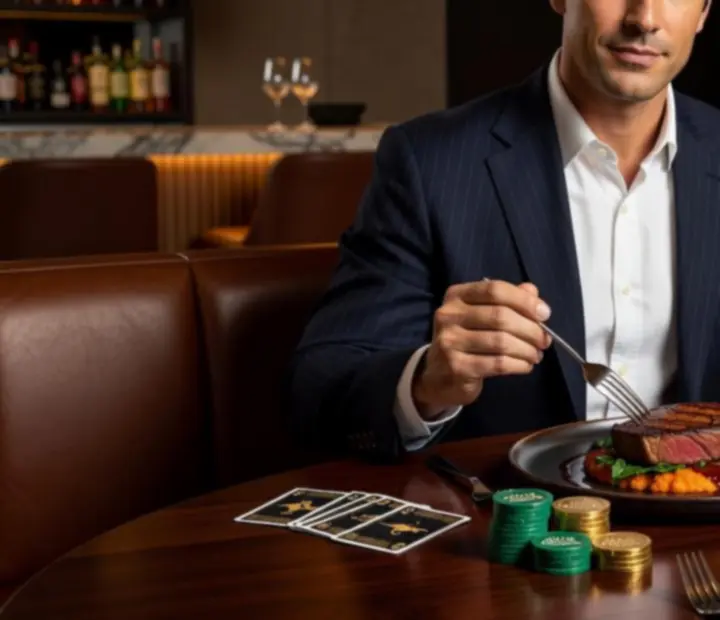 Fine dining dishes beside a luxury poker table in an Australian restaurant