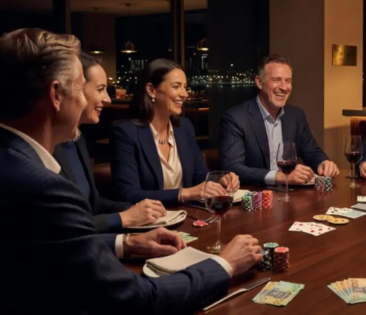Guests enjoying a cinematic poker night with fine dining at GrandStackSociety