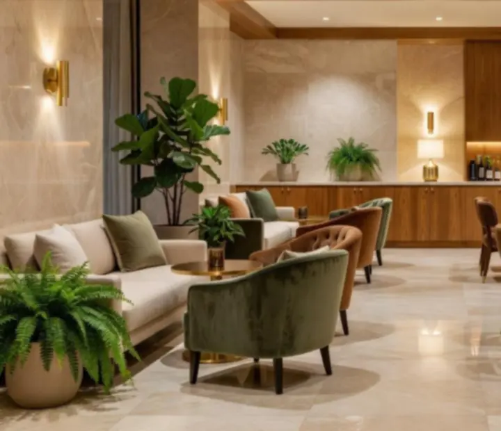 Luxurious poker lounge interiors with timber, brass and greenery