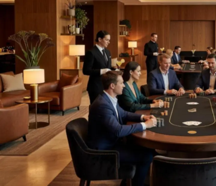 Cinematic Australian restaurant poker lounge with guests enjoying an evening