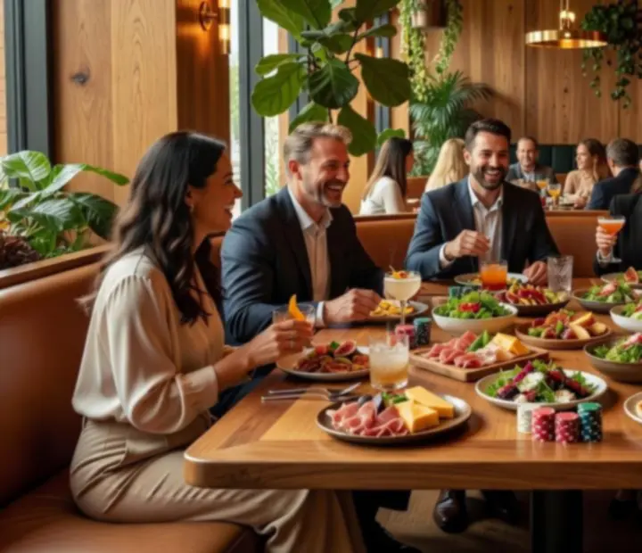 Guests enjoying shared platters and cocktails at an elegant poker night table