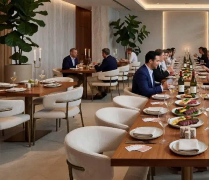 Elegant private dining event at GrandStackSociety with guests enjoying contemporary Australian cuisine and poker-themed decor