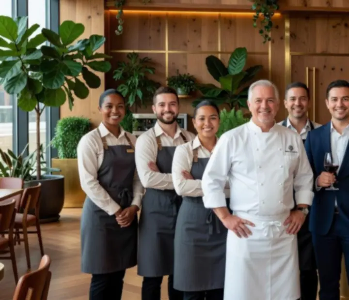 Culinary and front-of-house team standing together in a refined Australian restaurant