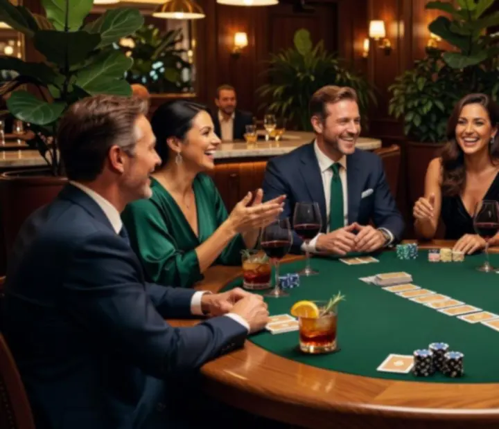 Guests enjoying a social poker night in a luxurious, softly lit lounge