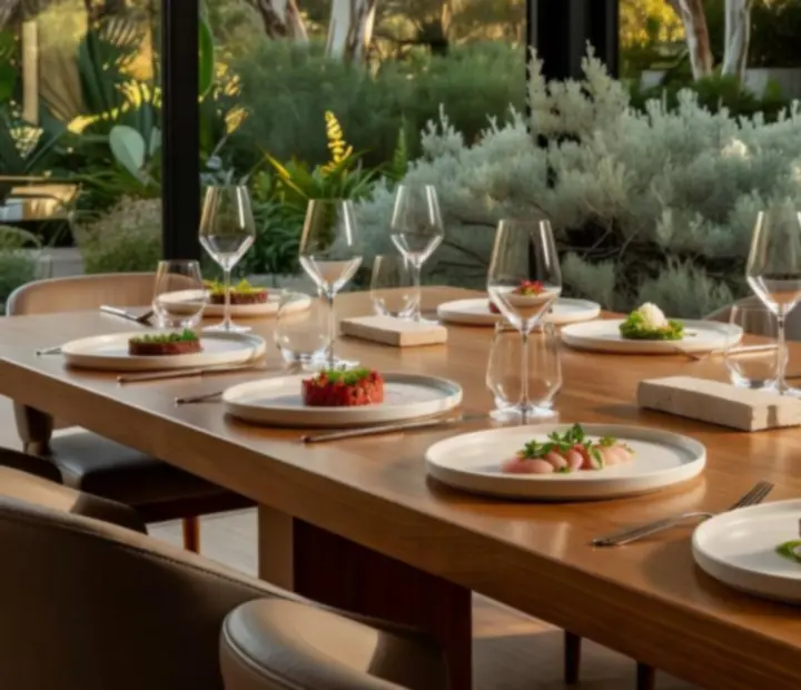 Signature tasting menu at a contemporary Australian restaurant with elegant plating and warm lighting
