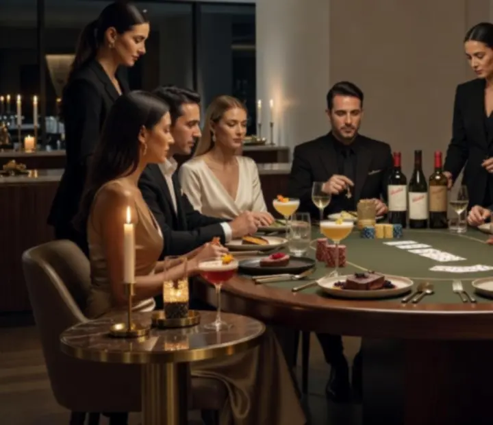Intimate VIP dining table with wine, gourmet dishes and a private poker setup